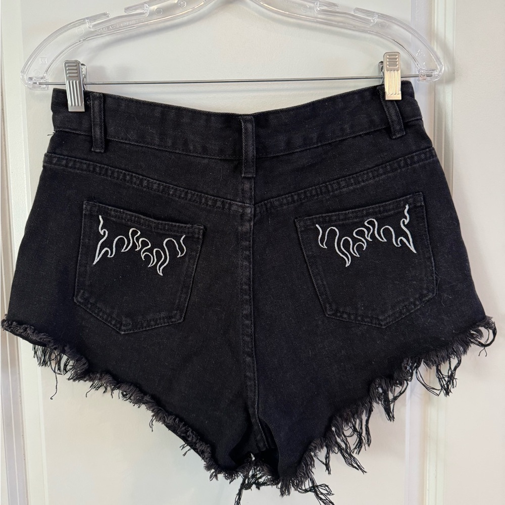Black Frayed Denim Shorts with Embroidered Detail